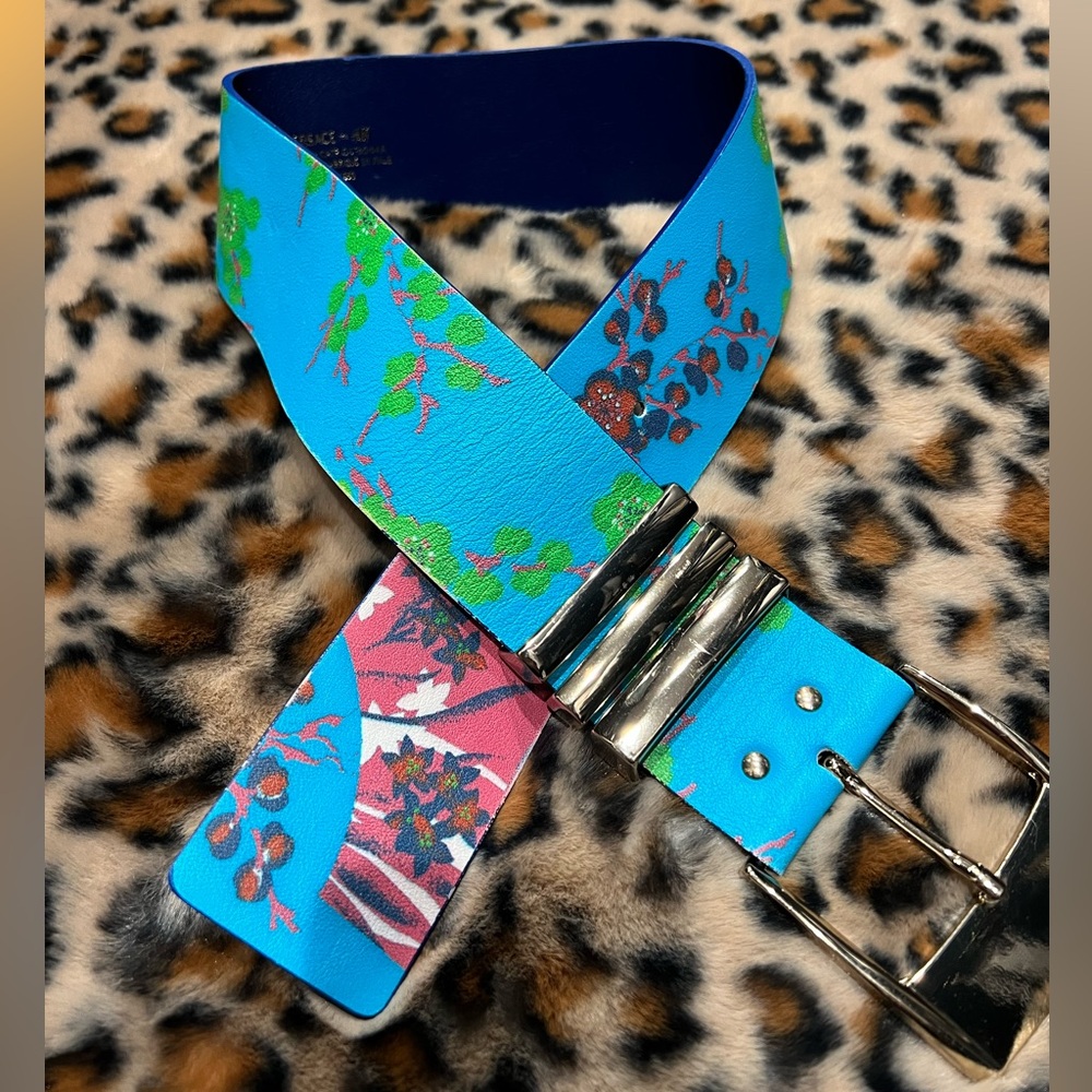 New Versace-H&M Collab Floral Blue Leather Belt with Gold Buckle, Made in Italy
